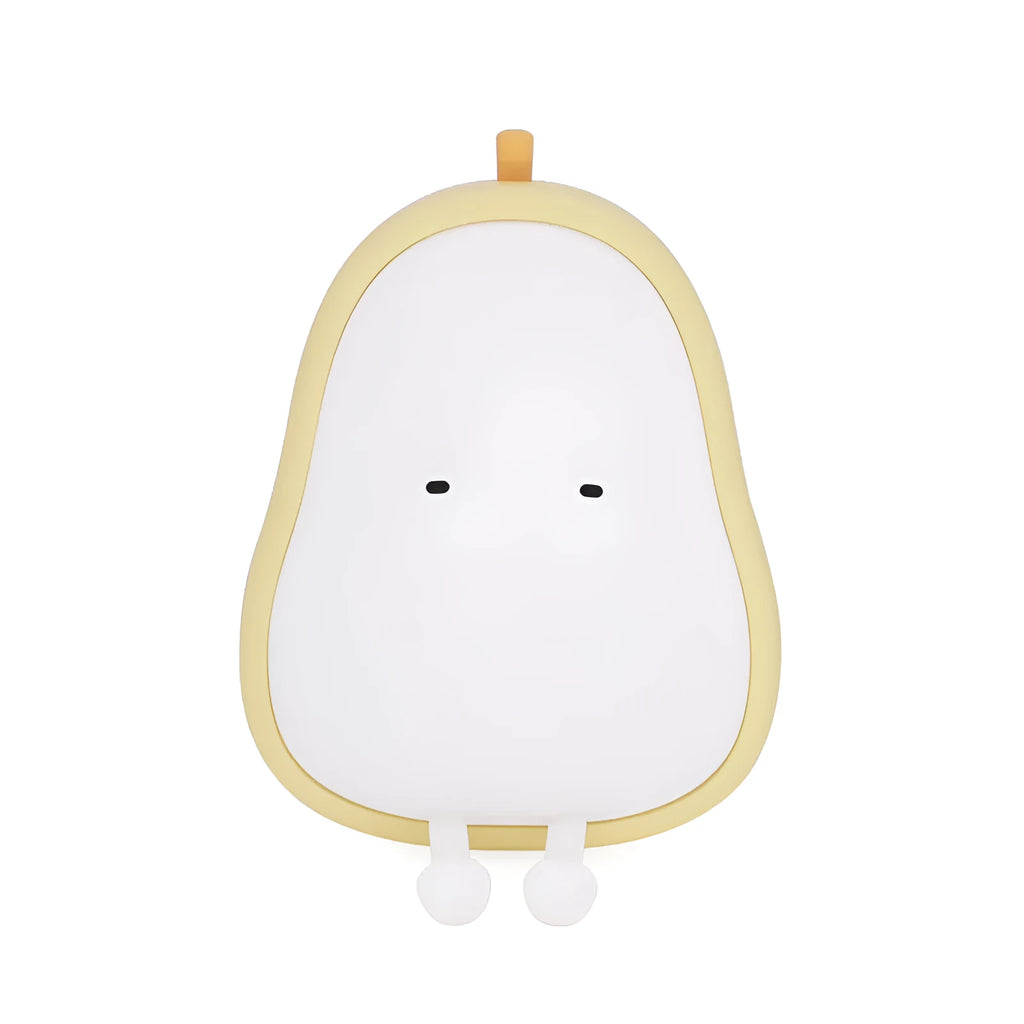 PEAR warm yellow silicone bedside night light with ABS base on a table.