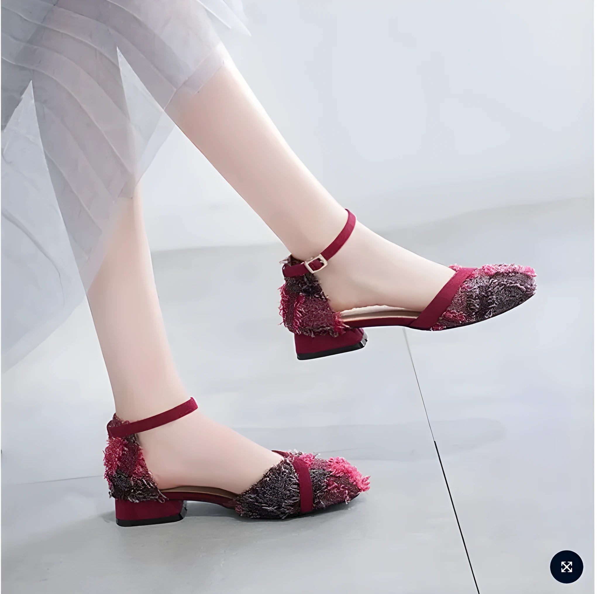 Women's apricot suede d'Orsay flats with an ankle strap and a low block heel.