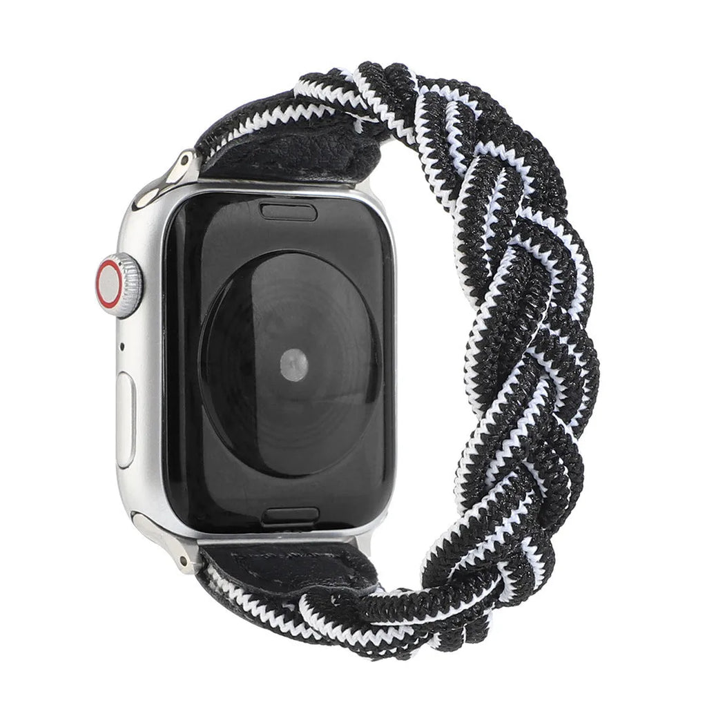 Braided solo loop watch strap for Apple Watch on a wrist, shown in army green colour.