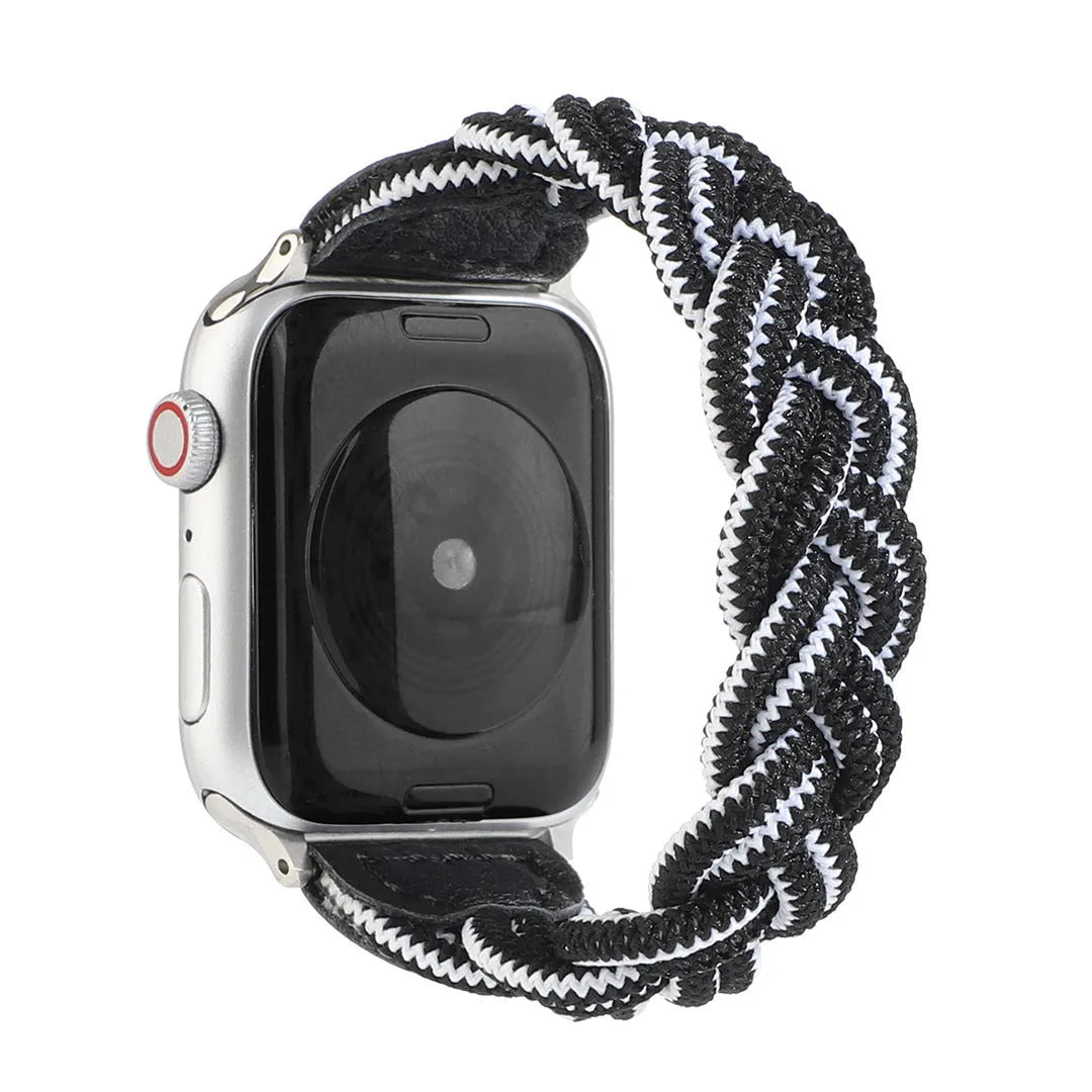 Braided solo loop watch strap for Apple Watch on a wrist, shown in army green colour.