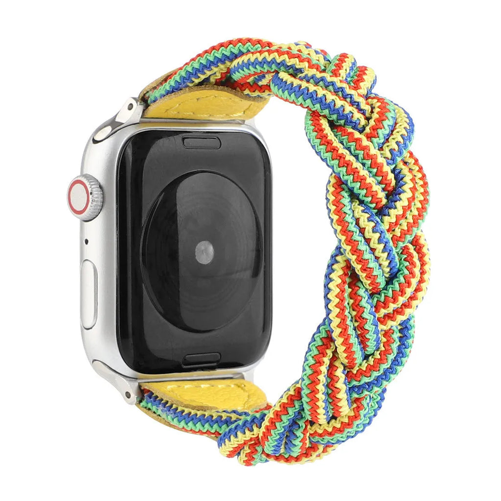 Braided solo loop watch strap for Apple Watch on a wrist, shown in army green colour.