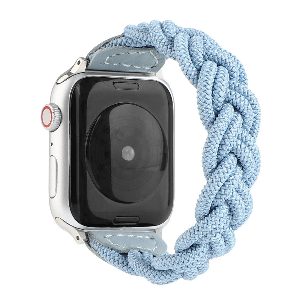 Braided solo loop watch strap for Apple Watch on a wrist, shown in army green colour.