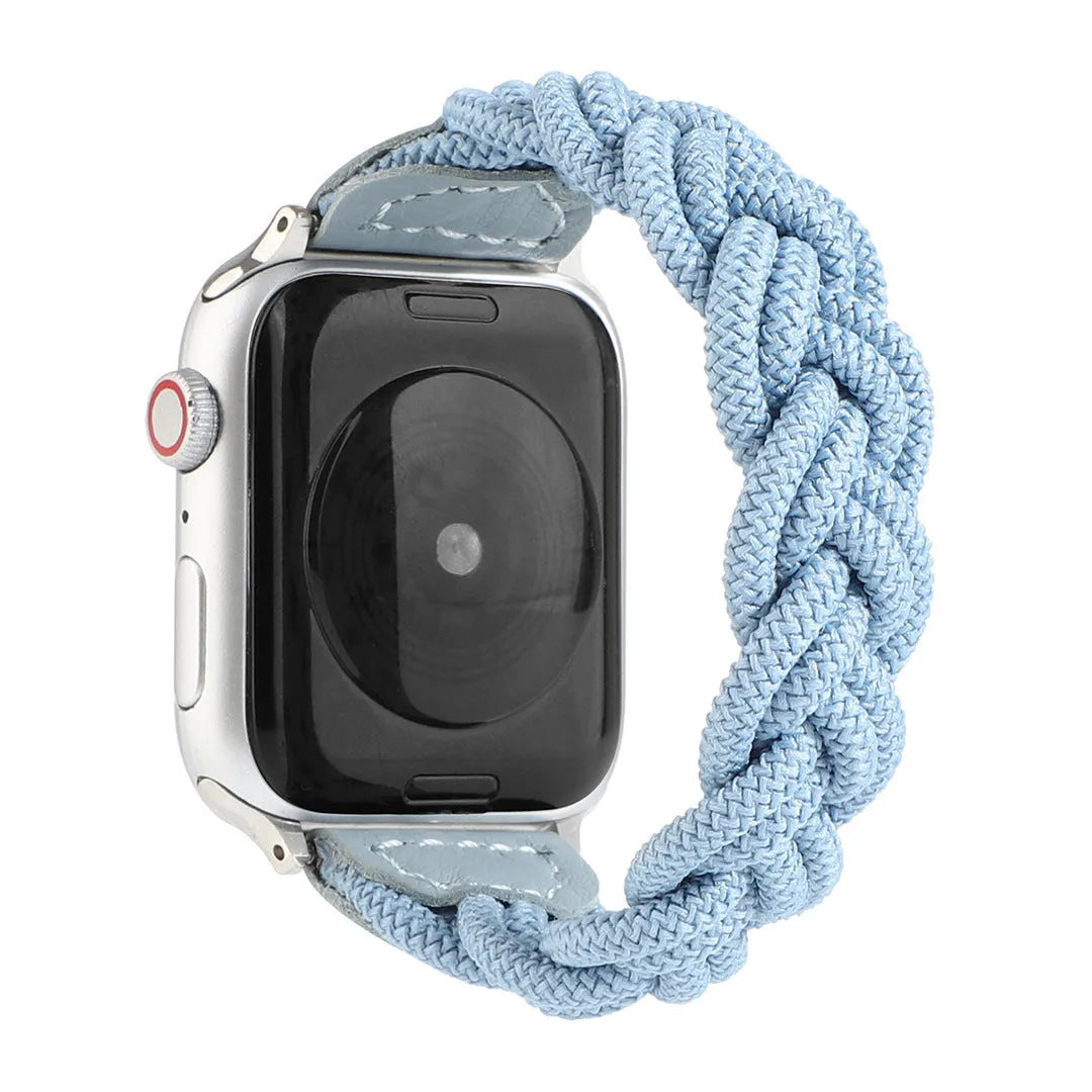Braided solo loop watch strap for Apple Watch on a wrist, shown in army green colour.
