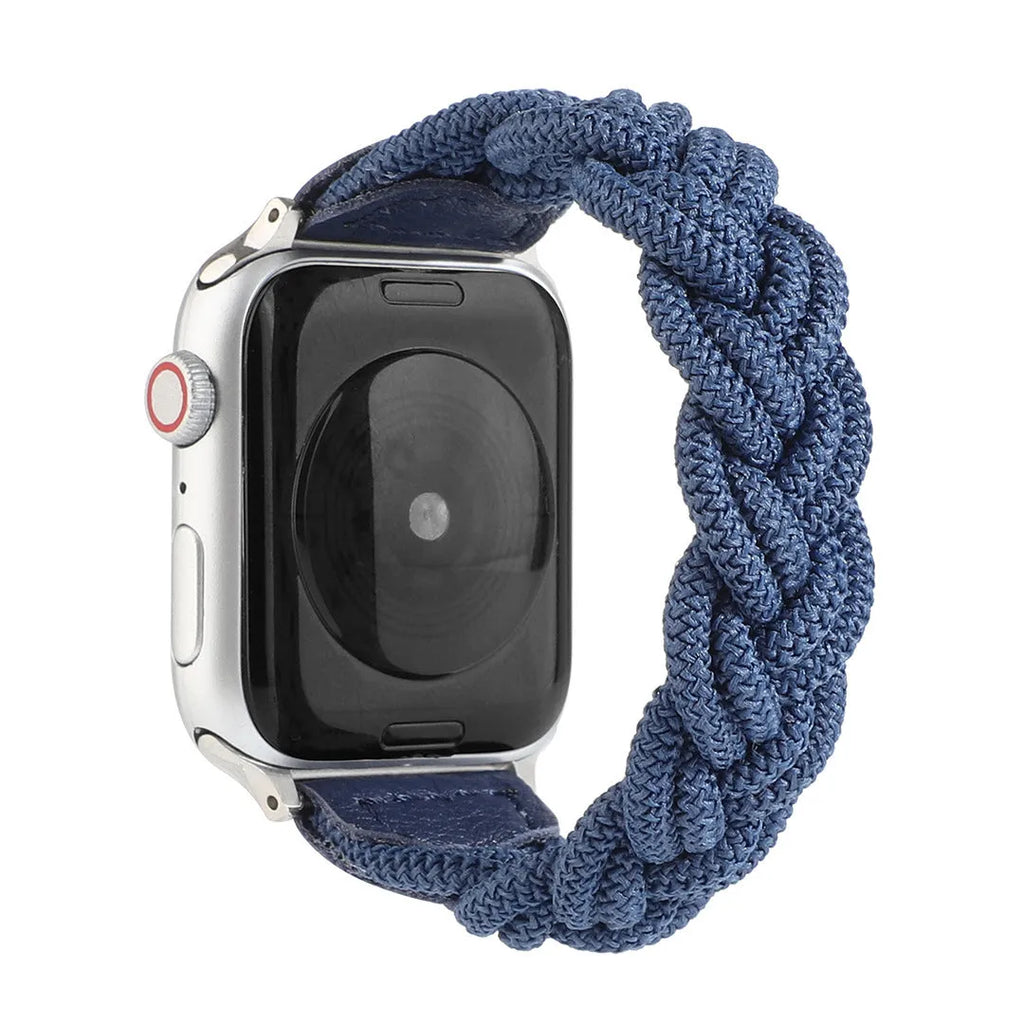 Braided solo loop watch strap for Apple Watch on a wrist, shown in army green colour.