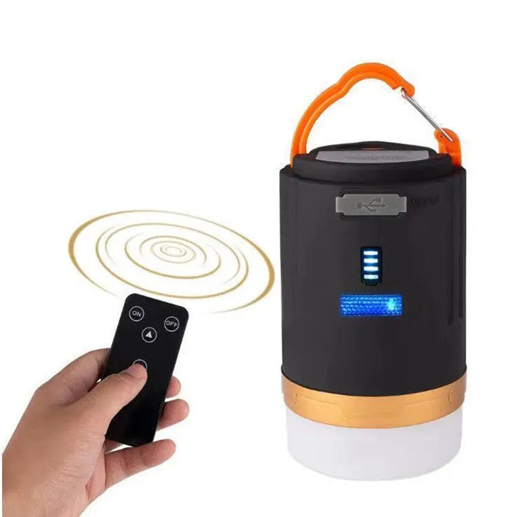 Black remote control emergency camping light with LED bulb for outdoor use.
