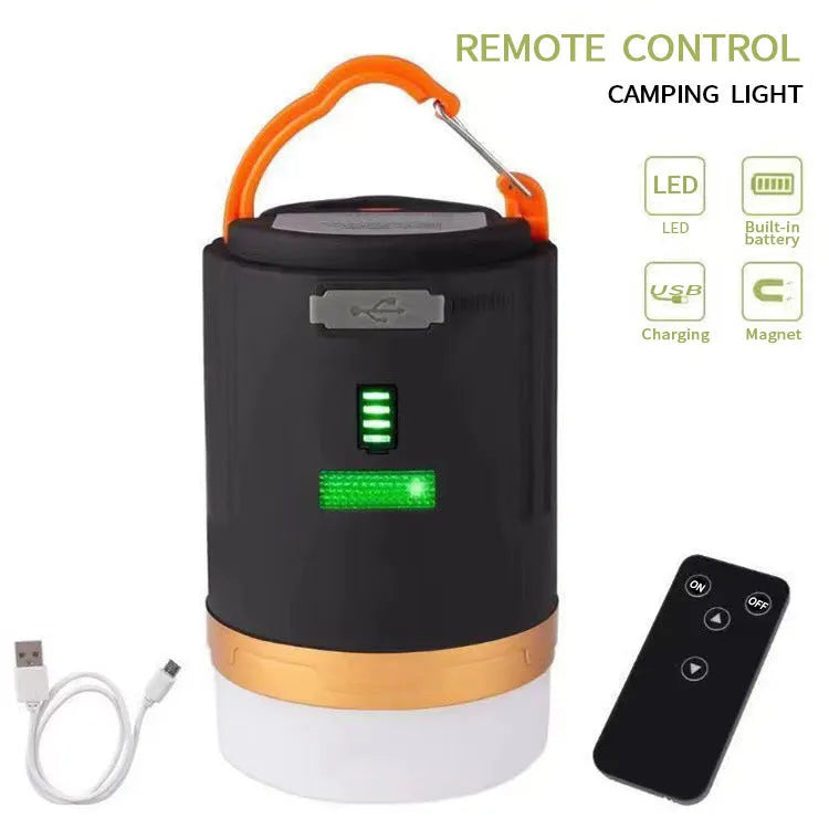 Black remote control emergency camping light with LED bulb for outdoor use.