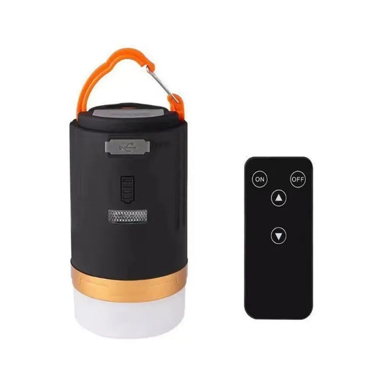 Black remote control emergency camping light with LED bulb for outdoor use.