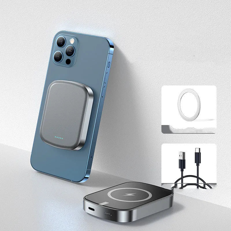 Magnetic MagSafe power bank with 10000mAh battery showing blue and grey colour options