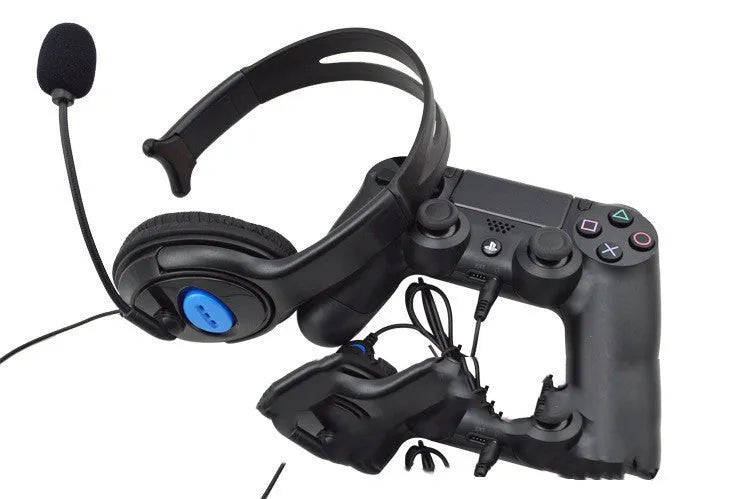 Black PS4 wired gaming headset with over-ear headphones and 3.5mm audio plug
