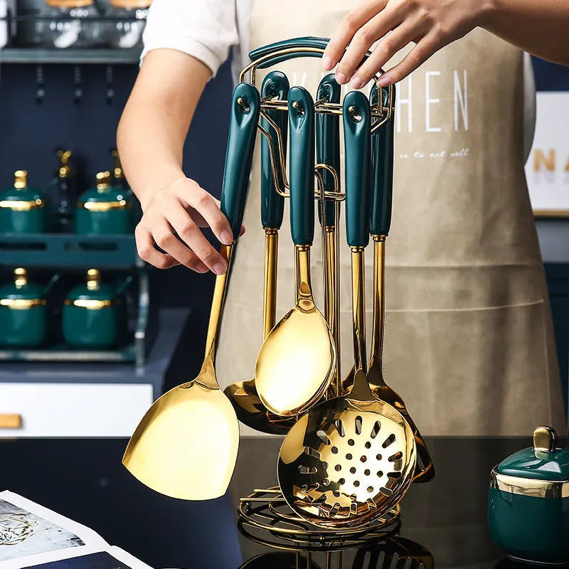 Seven-piece stainless steel kitchen utensil set with slotted spatula, turner, ladle, serving spoon and pasta server