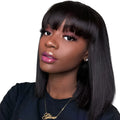 Black real human hair wig with 10-inch length on a headgear display.