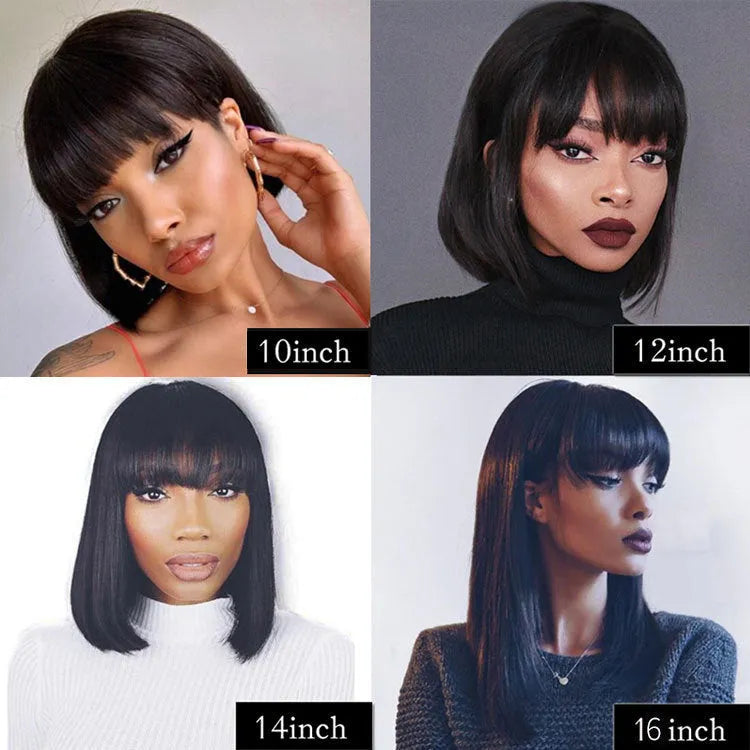 Black real human hair wig with 10-inch length on a headgear display.