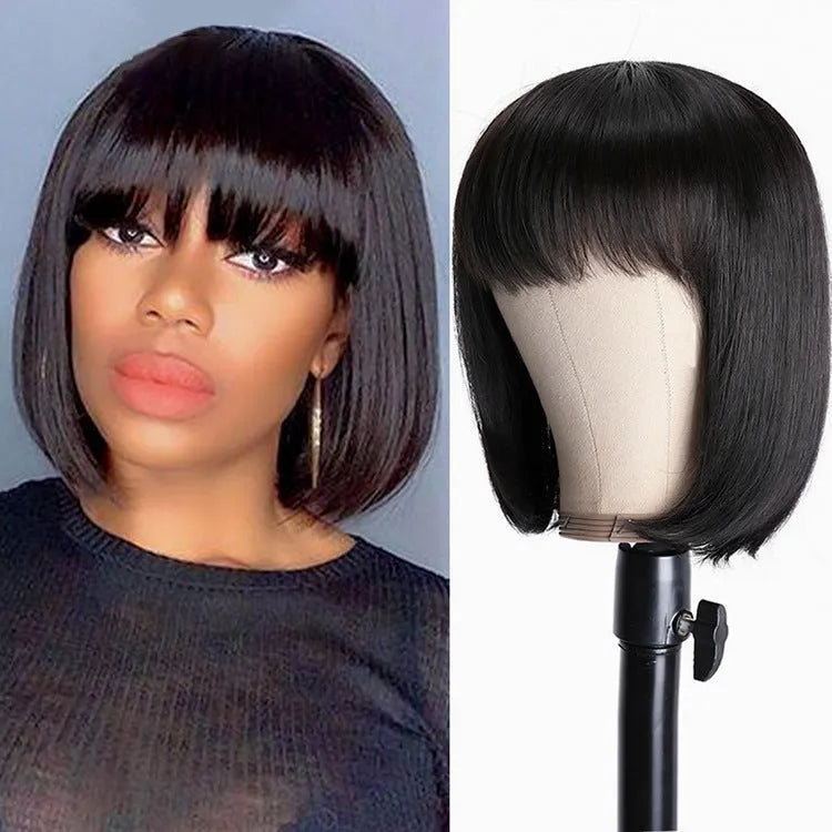 Black real human hair wig with 10-inch length on a headgear display.