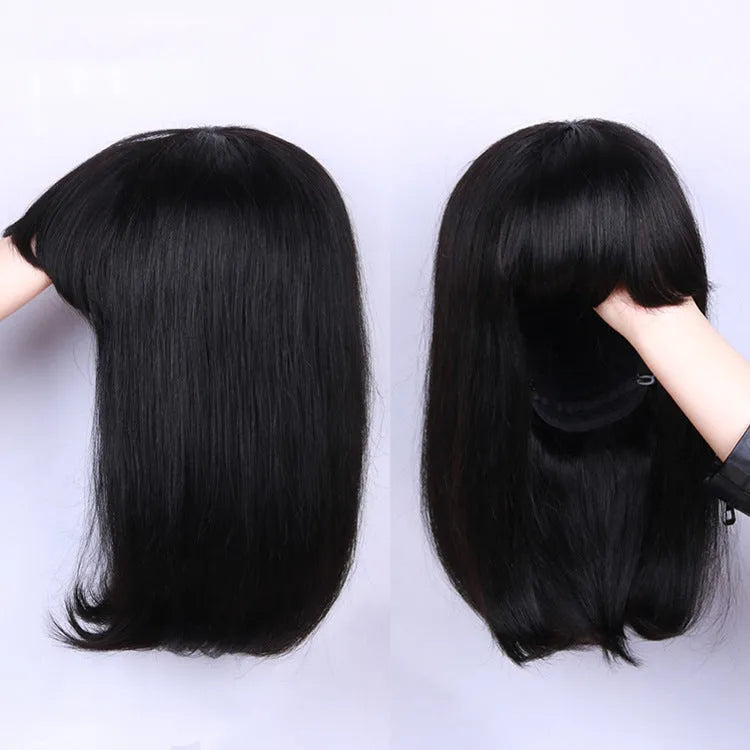 Black real human hair wig with 10-inch length on a headgear display.