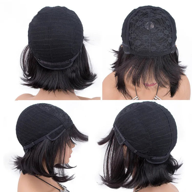 Black real human hair wig with 10-inch length on a headgear display.