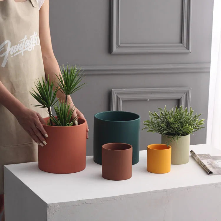 Colourful cylindrical ceramic succulent planter with drainage hole on a wooden surface