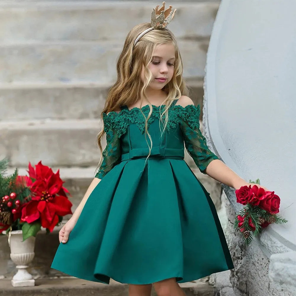 Simple lace-trimmed children's dress in deep red, available in toddler and child sizes.