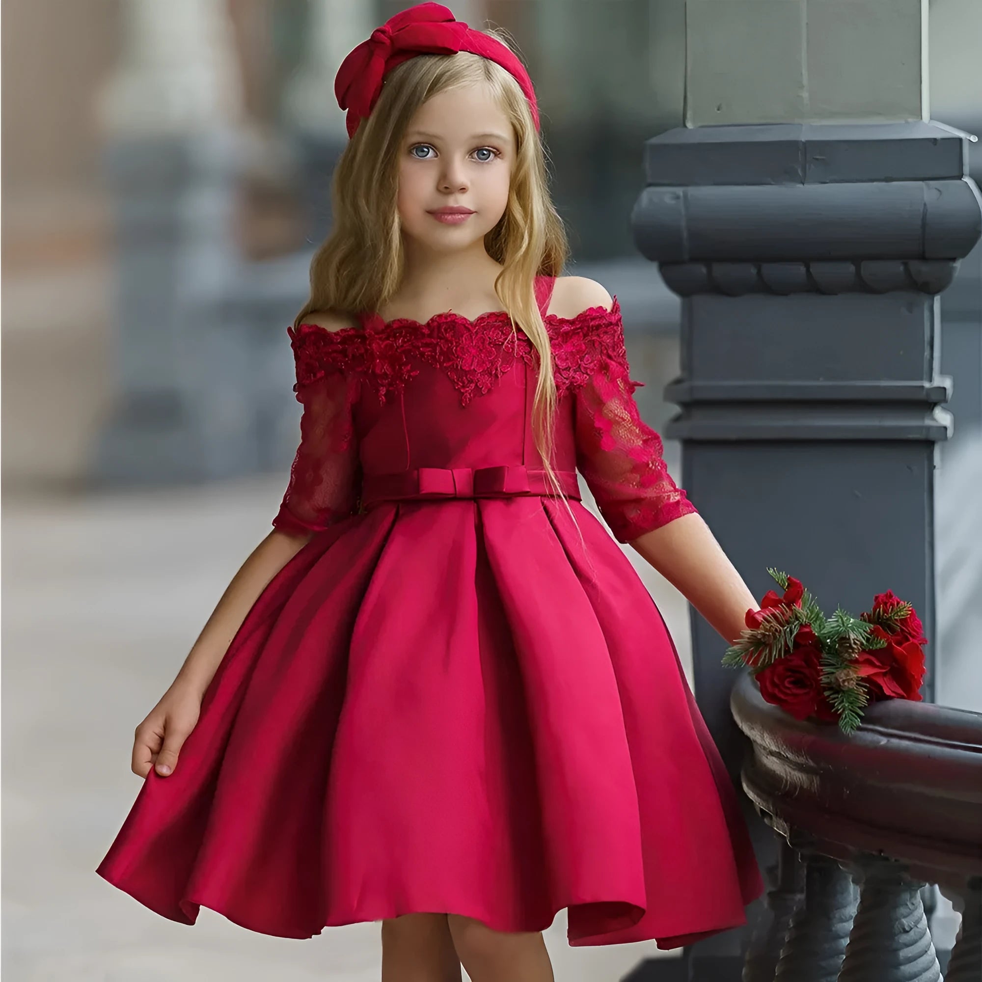 Simple lace-trimmed children's dress in deep red, available in toddler and child sizes.