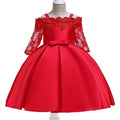 Simple lace-trimmed children's dress in deep red, available in toddler and child sizes.