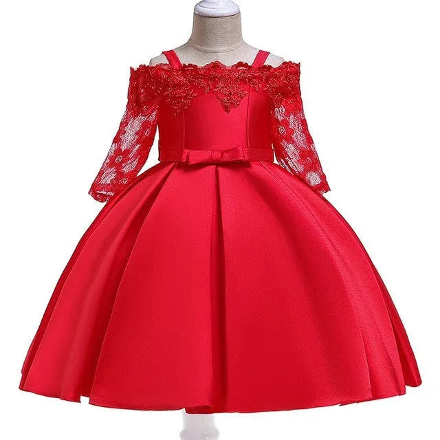 Simple lace-trimmed children's dress in deep red, available in toddler and child sizes.