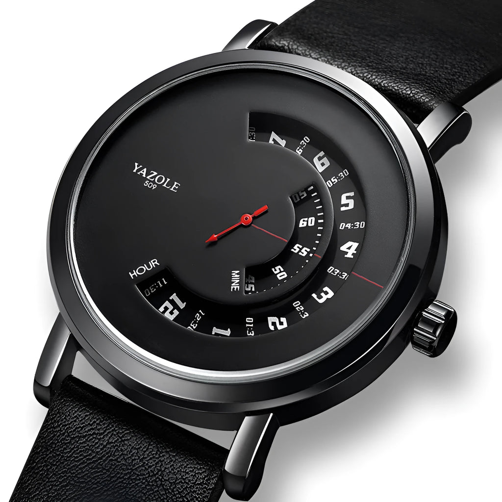 Men's waterproof quartz watch with rotating bezel on a metal case and pin buckle strap.