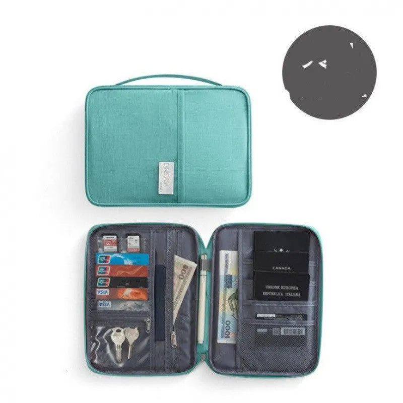 Waterproof passport cover in cationic fabric showing black, blue, and grey colour options