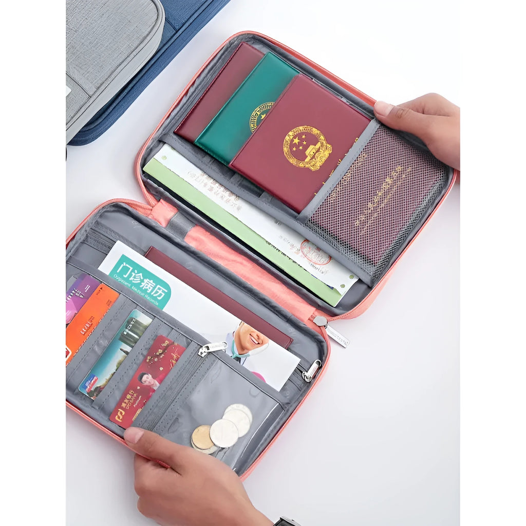 Waterproof passport cover in cationic fabric showing black, blue, and grey colour options