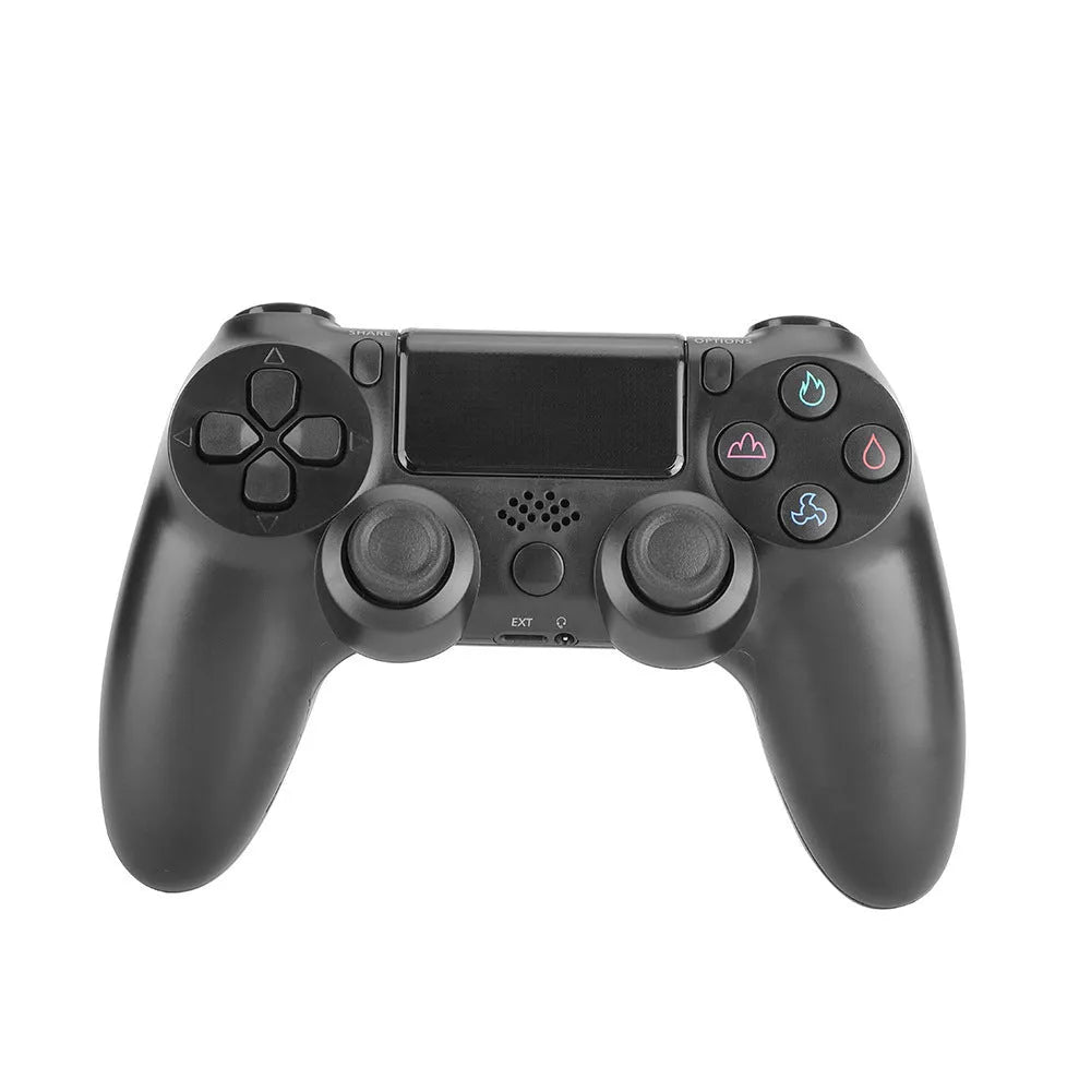 PS4 wired and wireless controller in various colours including white, pink, crackle pattern, and wood finish.