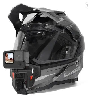Black universal motorcycle helmet chin strap mount for action cameras shown next to a helmet