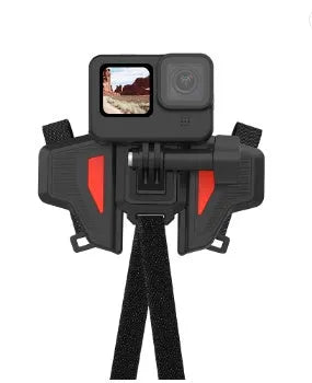 Black universal motorcycle helmet chin strap mount for action cameras shown next to a helmet