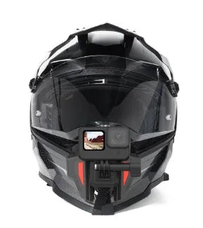 Black universal motorcycle helmet chin strap mount for action cameras shown next to a helmet