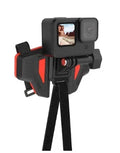 Black universal motorcycle helmet chin strap mount for action cameras shown next to a helmet