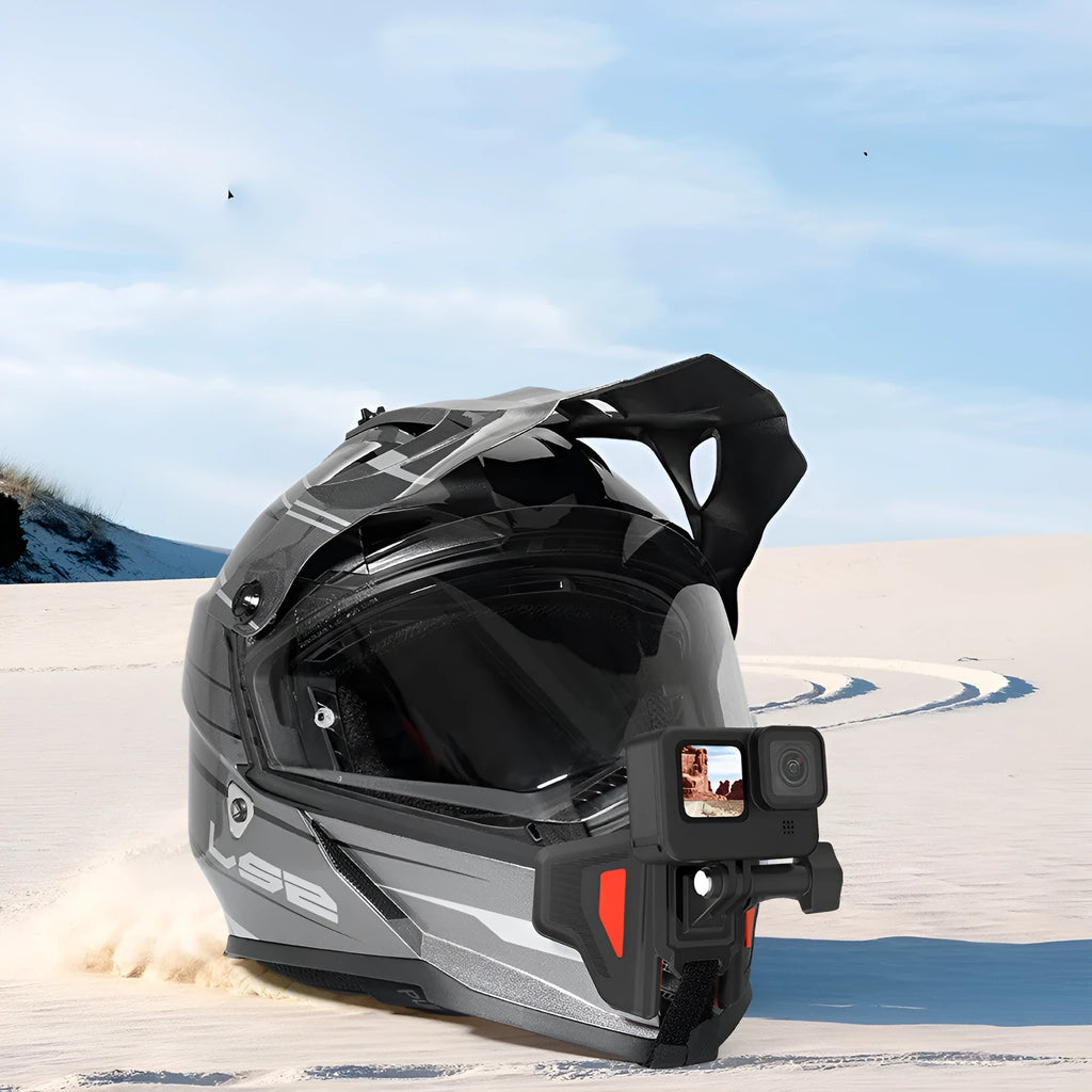 Black universal motorcycle helmet chin strap mount for action cameras shown next to a helmet