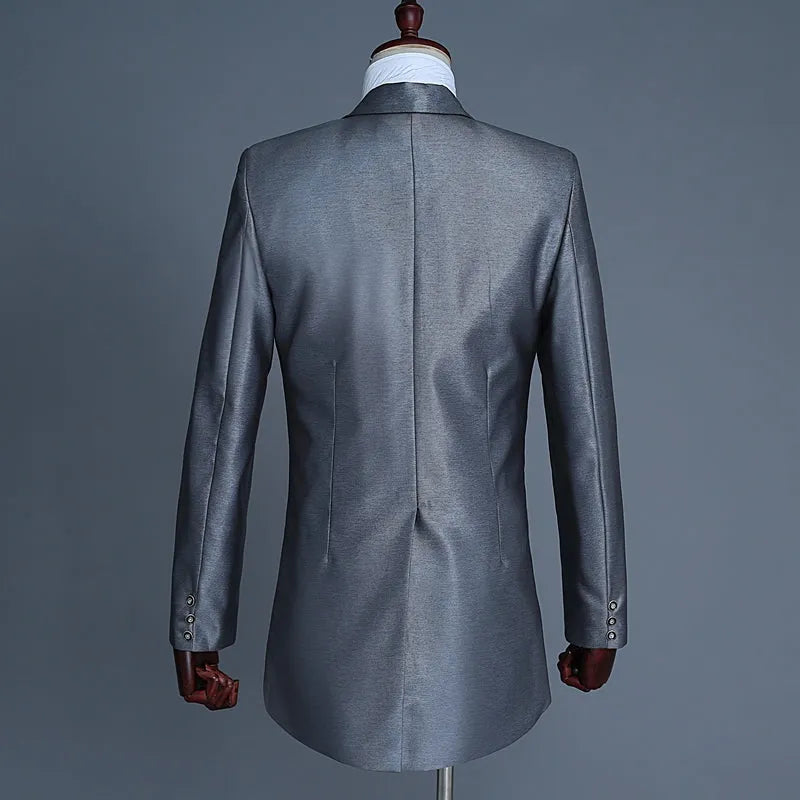 Male dress wedding suit set in black with single-breasted cut collar jacket, trousers, and bow tie