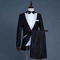 Male dress wedding suit set in black with single-breasted cut collar jacket, trousers, and bow tie