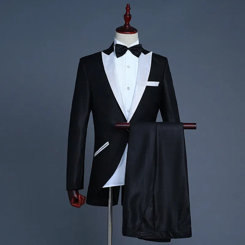 Male dress wedding suit set in black with single-breasted cut collar jacket, trousers, and bow tie