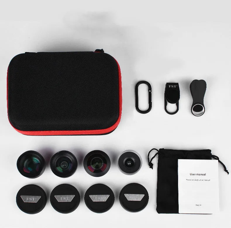 Mobile phone external lens kit with clip-on mount for portrait, fisheye, wide-angle and macro photography