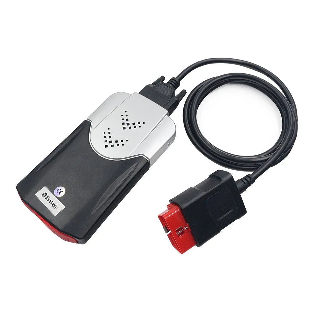 Black Delphi DS150 car fault diagnosis instrument with Bluetooth and USB cable on white background