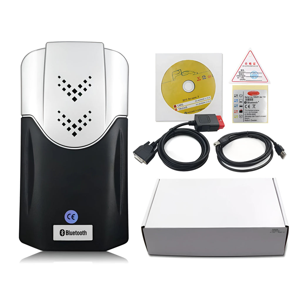 Black Delphi DS150 car fault diagnosis instrument with Bluetooth and USB cable on white background