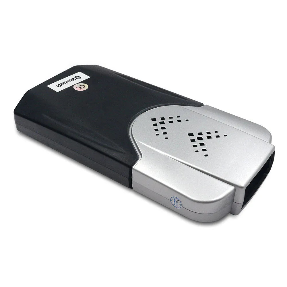 Black Delphi DS150 car fault diagnosis instrument with Bluetooth and USB cable on white background