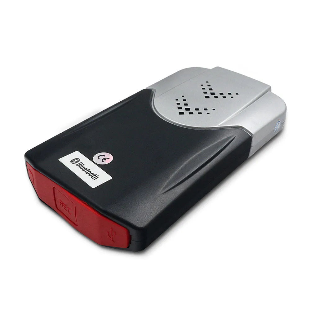 Black Delphi DS150 car fault diagnosis instrument with Bluetooth and USB cable on white background