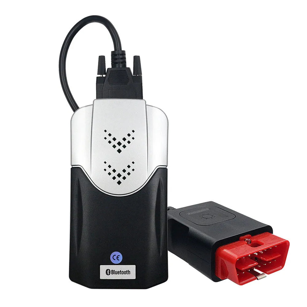 Black Delphi DS150 car fault diagnosis instrument with Bluetooth and USB cable on white background
