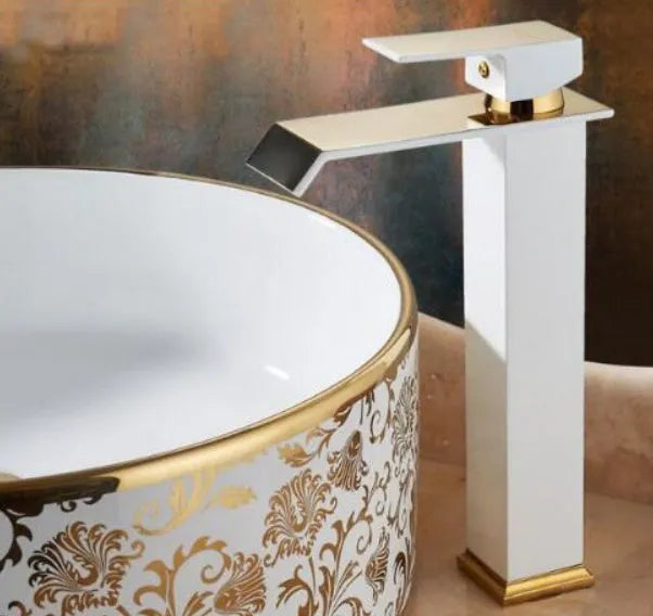 Brass basin faucet with induction control in black, white, and gold finish