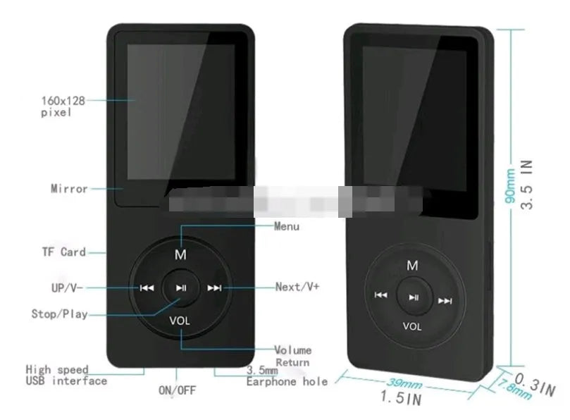 Slim black MP4 player with a 1.8 inch colour screen showing a music menu, placed next of headphones.