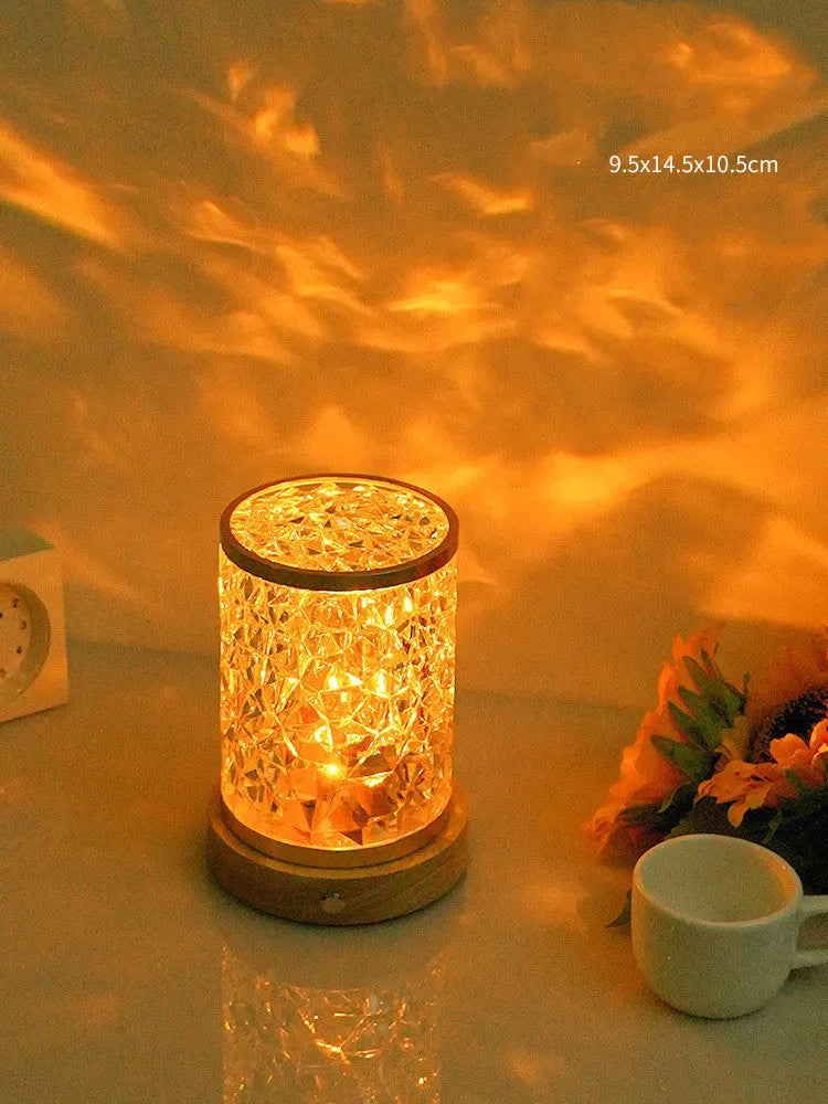 Rotating water ripple night light with solid wood base showing colourful ambient lighting