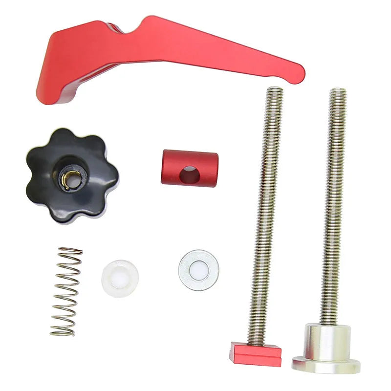 Red-handled aluminium alloy woodworking table block slide holder with a flat mouth shape.