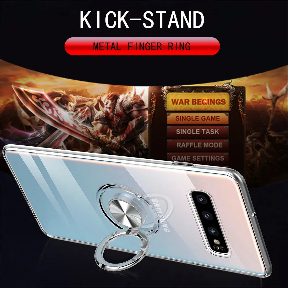 Transparent Samsung phone case with TPU back cover and metal ring for Galaxy S10 5G, shown in clear finish.