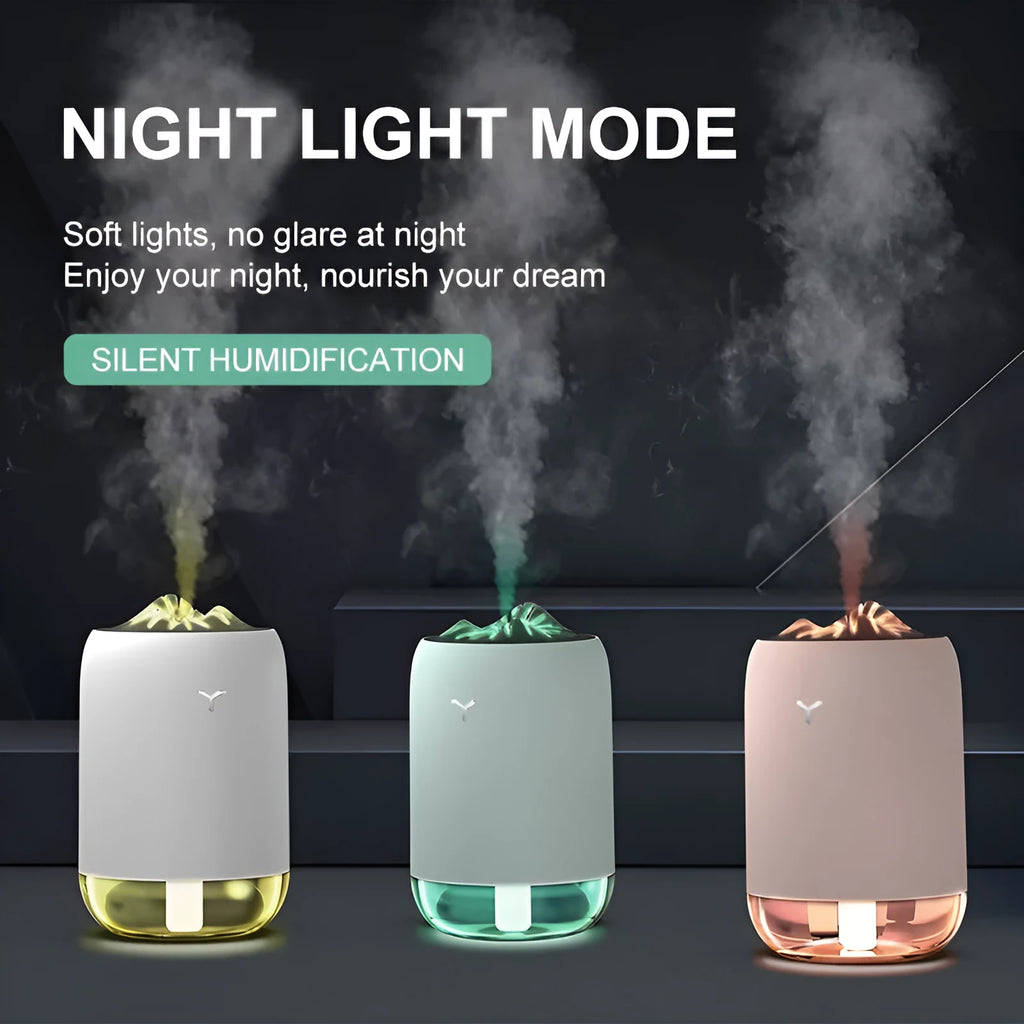 Mini cylindrical USB ultrasonic humidifier in white, pink, or green with warm night light on.