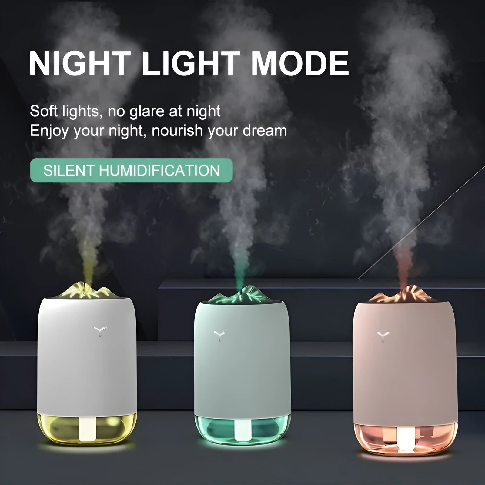 Mini cylindrical USB ultrasonic humidifier in white, pink, or green with warm night light on.