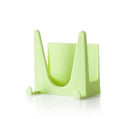 Wall-mounted PP plastic kitchen lid holder in blue, green or white, stuck inside a cabinet for lids and utensils.